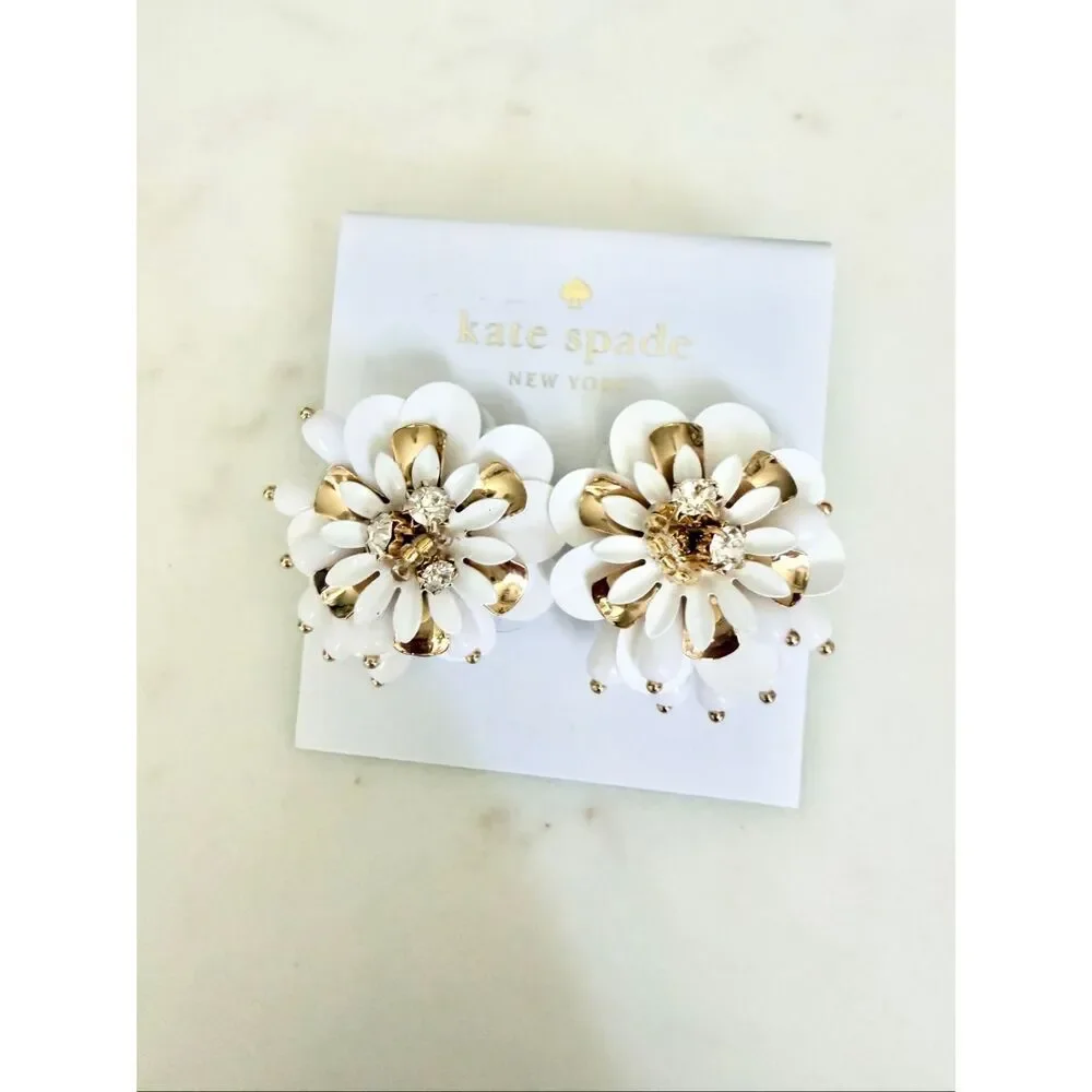 Kate Spade White Enamel Floral Statement Stud Earrings Gold Tone Crystal Daisy
